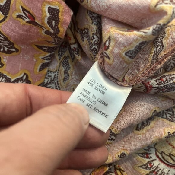 C & C California Women’s L Linen Blend Floral Button Blouse Pink Boho Hippie - Picture 4 of 5